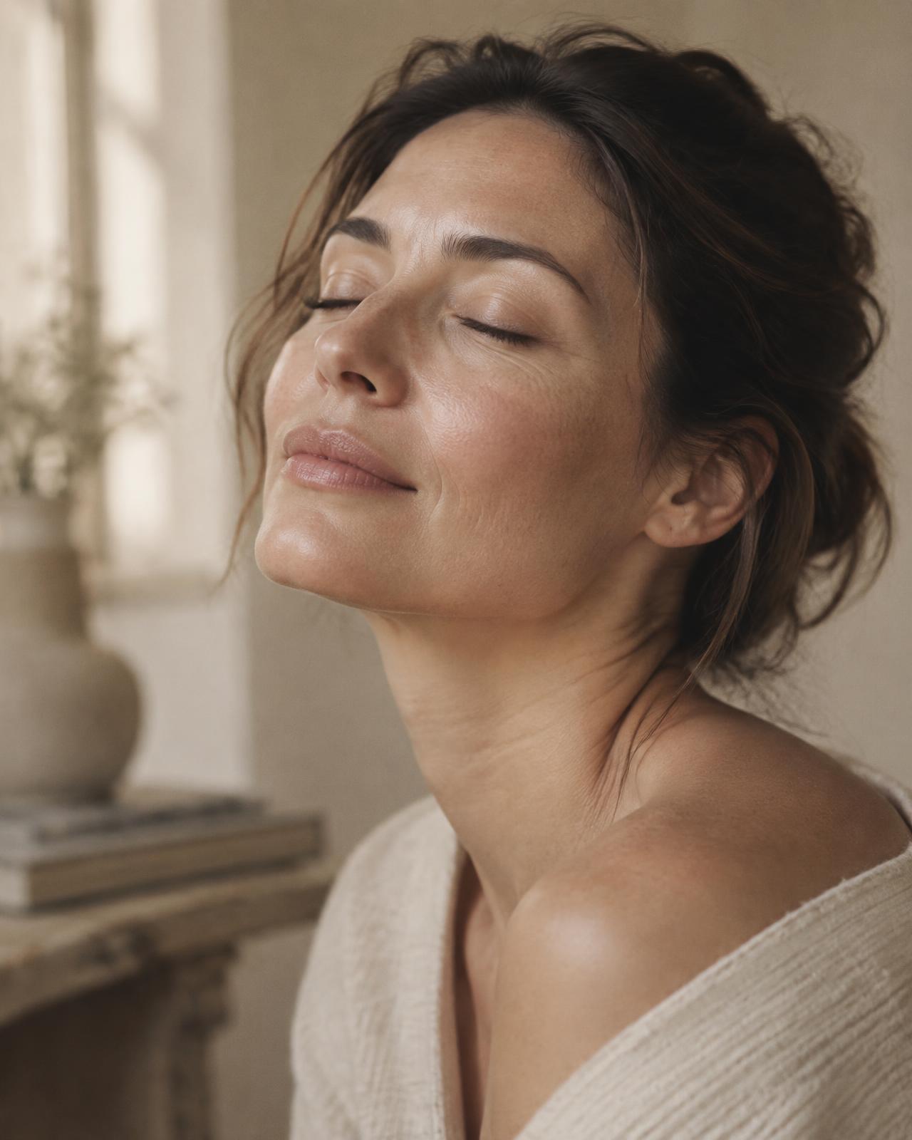Woman with luminous, bare skin in soft natural light