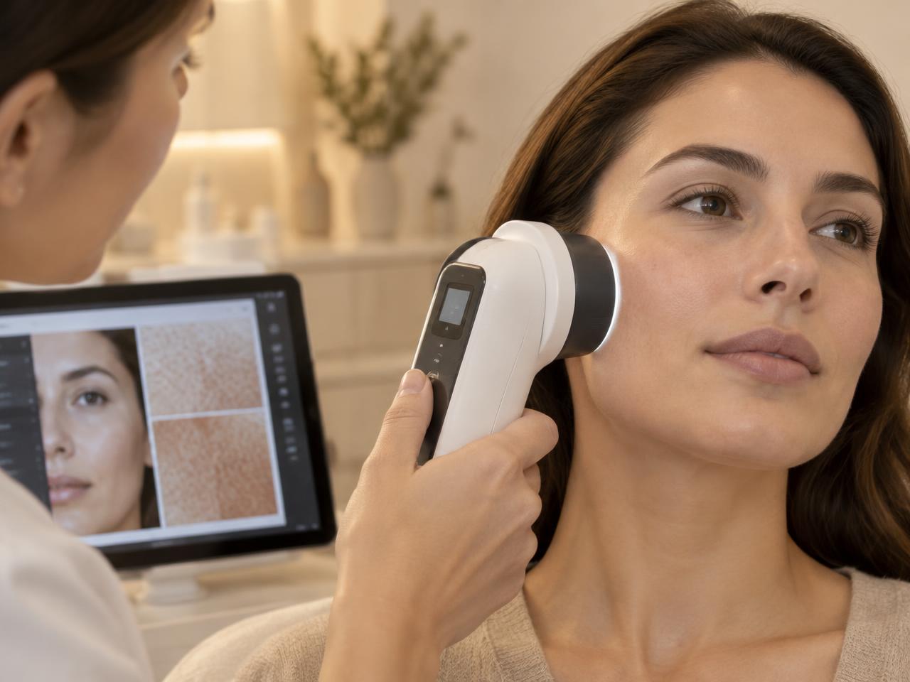 A Vernier skin scanner being used on a client's cheek, results shown on screen